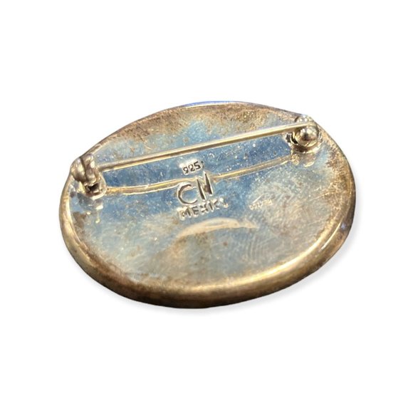 Vintage Oval Mexico 925 Silver C11 Turquoise Inlaid Brooch Pin, Southwestern Sty - Picture 4 of 4